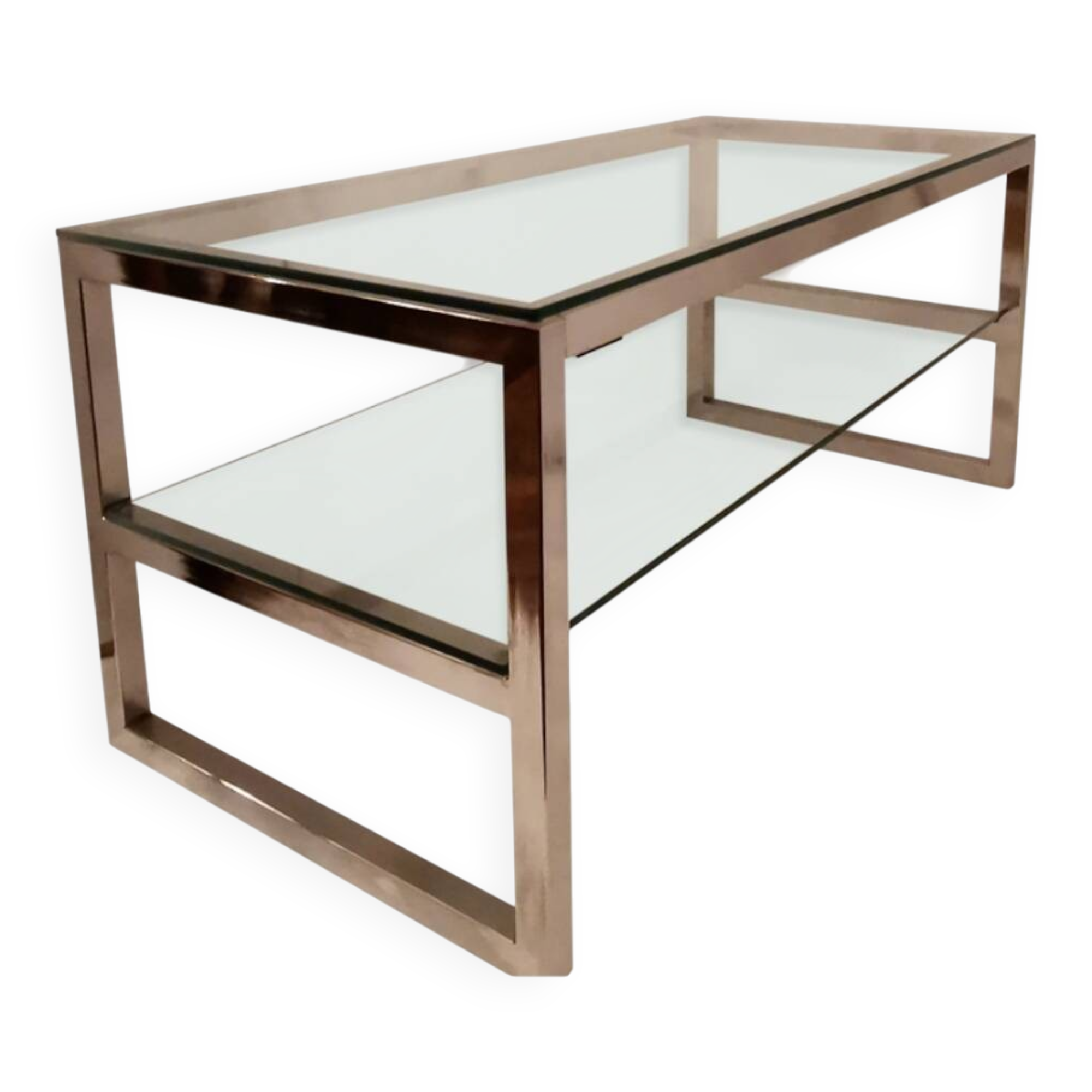 1980s coffee table with a double chrome metal top.