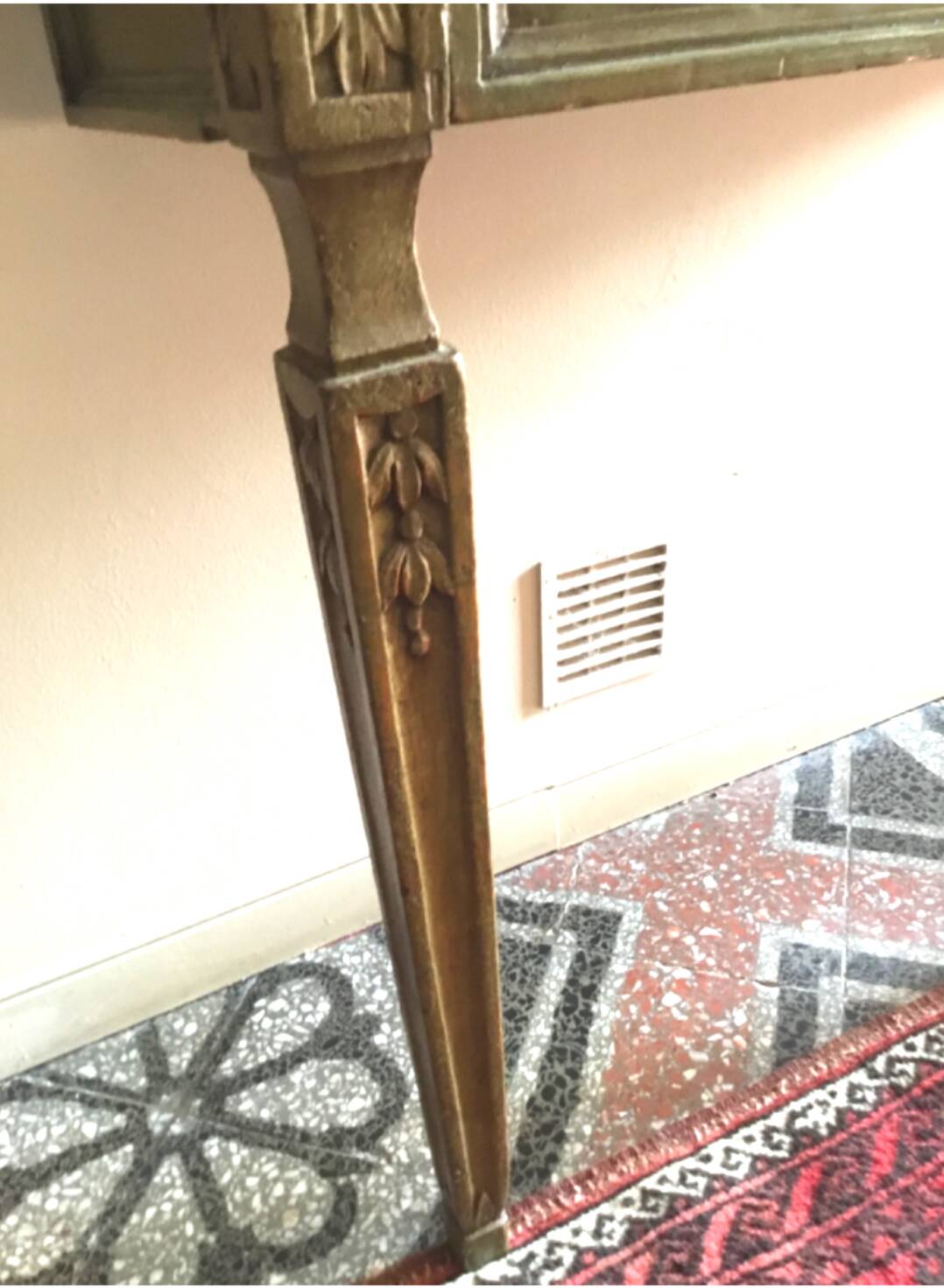 Louis XVI style lacquered wood console with marble top. Antique work