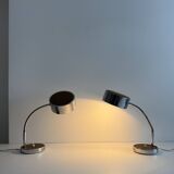 Pair of adjustable vintage table lamps, chrome metal and wood, France.