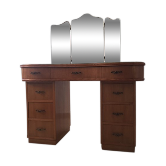 Coiffeuse en bois massif en forme de haricot, miroir triptyque, avec tabouret