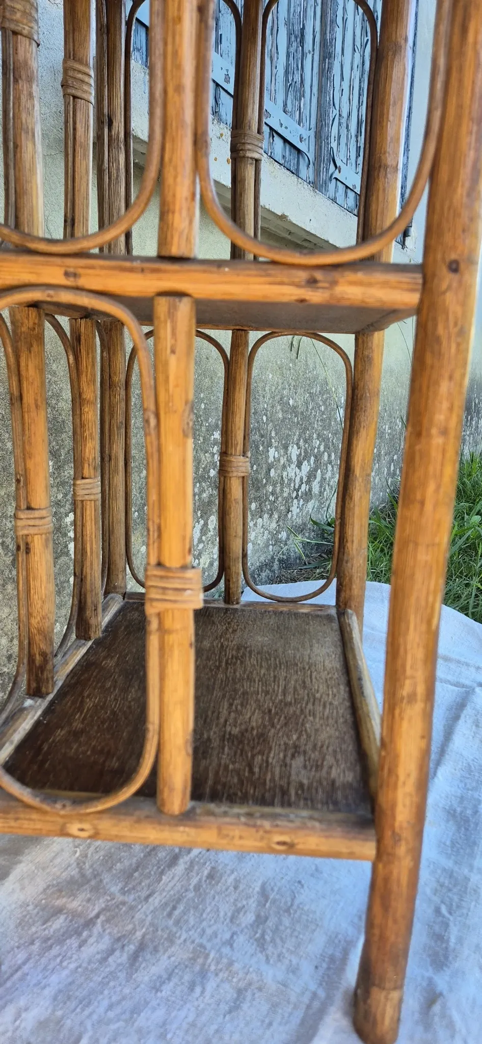 Set of 2 vintage bamboo rattan bedside shelves