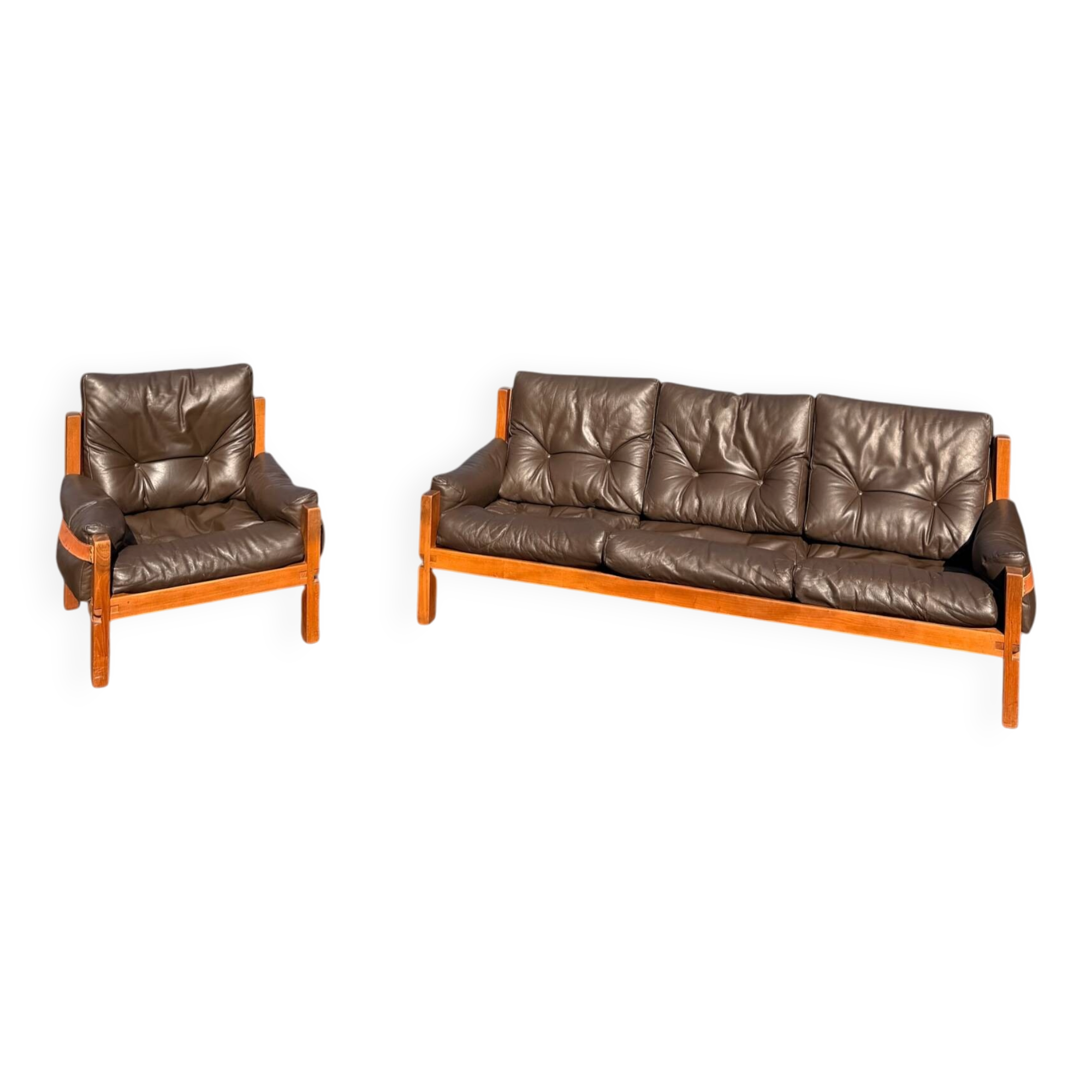 Ensemble Salon Pierre Chapo - Canapé S32 & Fauteuil S15 - Orme & Cuir Brun