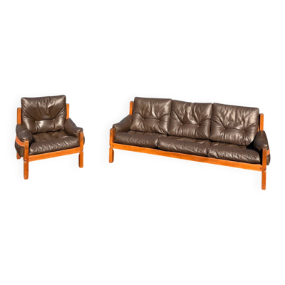 Ensemble Salon Pierre Chapo - Canapé S32 & Fauteuil S15 - Orme & Cuir Brun