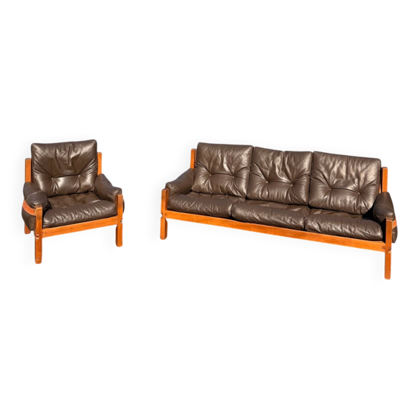 Ensemble Salon Pierre Chapo - Canapé S32 & Fauteuil S15 - Orme & Cuir Brun