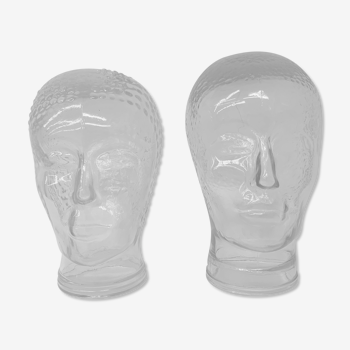 Set of 2 glass head vintage hat / headphone display mid-century mannequin
