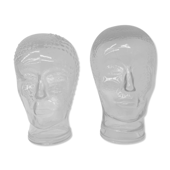 Set of 2 glass head vintage hat / headphone display mid-century mannequin