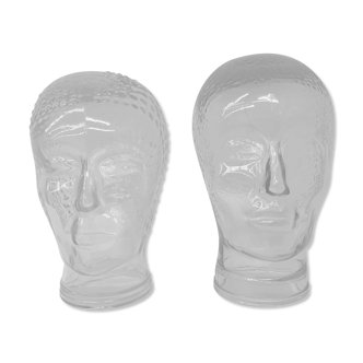 Ensemble de 2 têtes en verre chapeau vintage / casque d’affichage mid-century mannequin