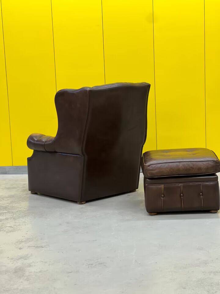 Brown leather chesterfield wing chair with Ottoman
