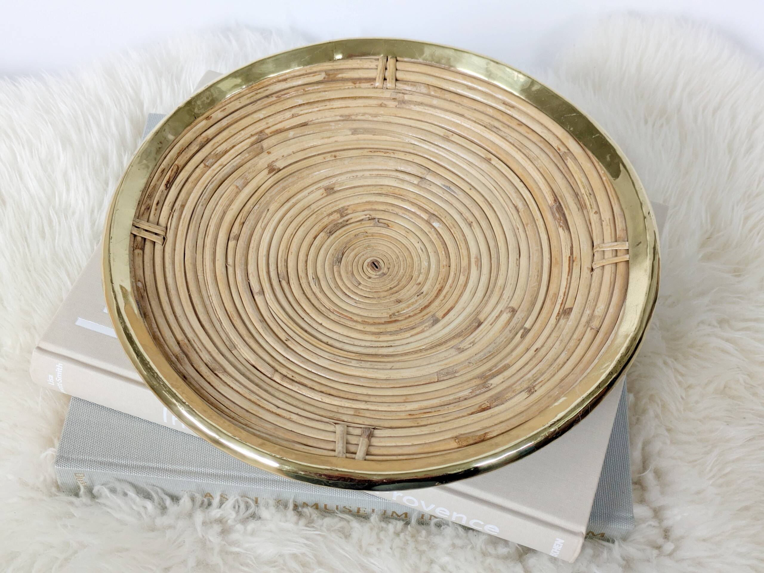 Round rattan and brass bowl, Italy 1970s, Gabriella Crespi style