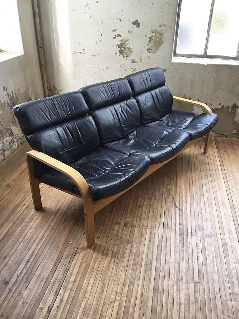 Danish sofa and armchairs curved wood and leather