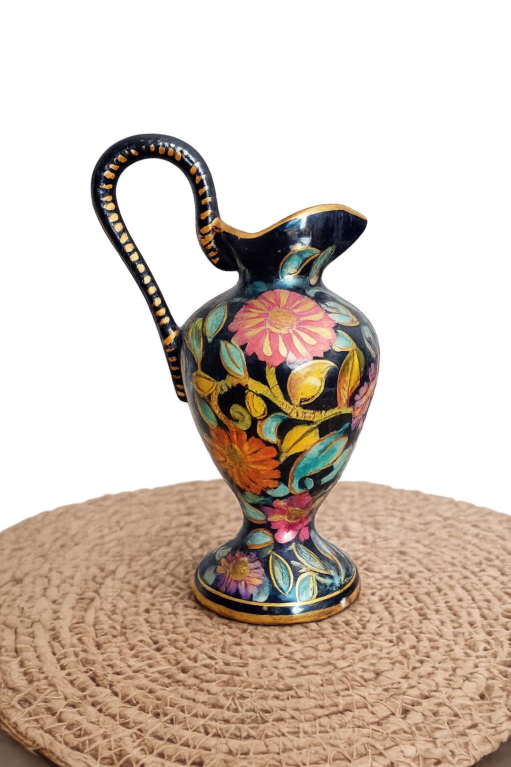 Jug in earthenware, black background and flowers. H Bequet Quaregnon