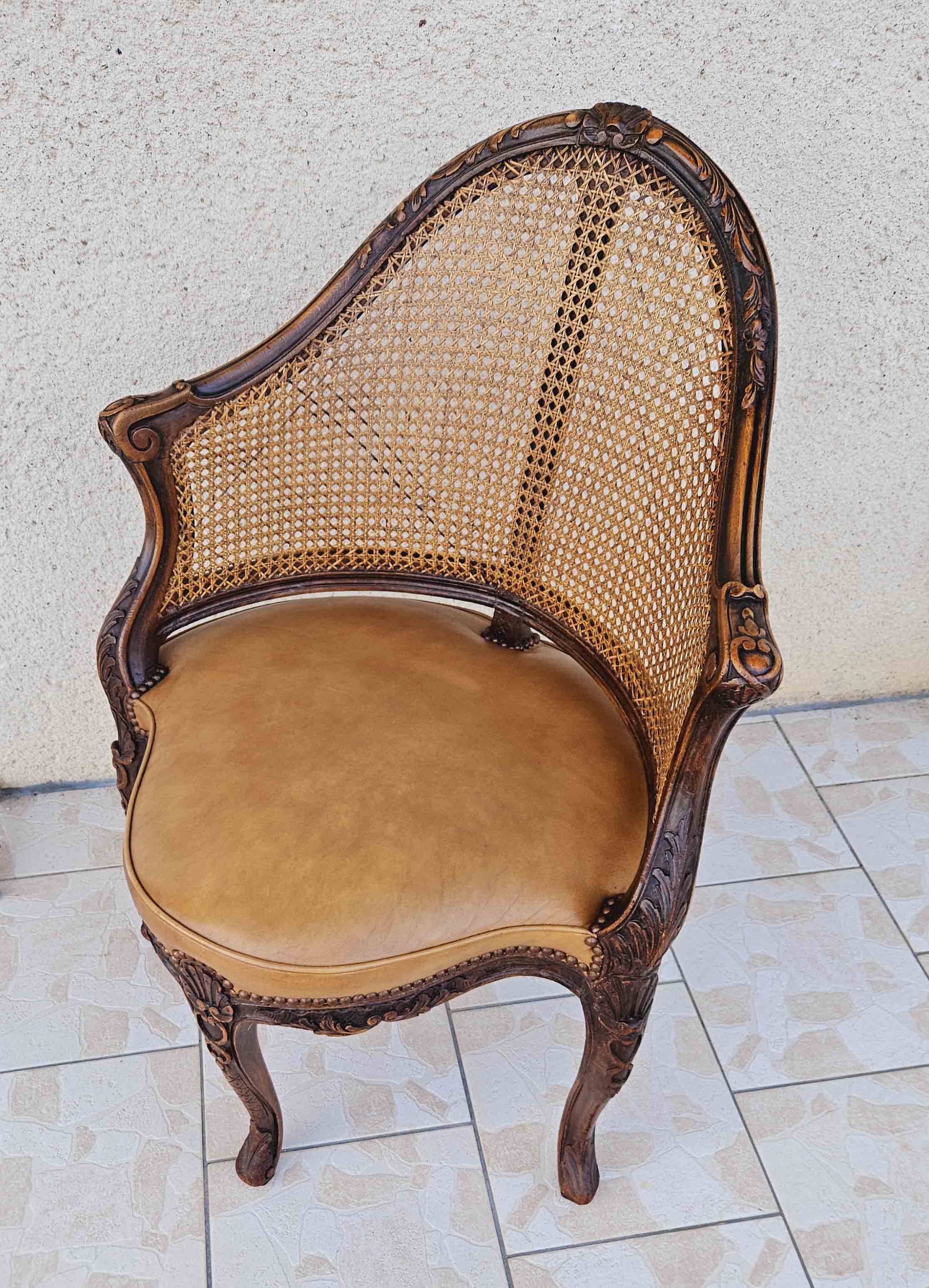 Louis xv office armchair, carved, cane, leather trimmed