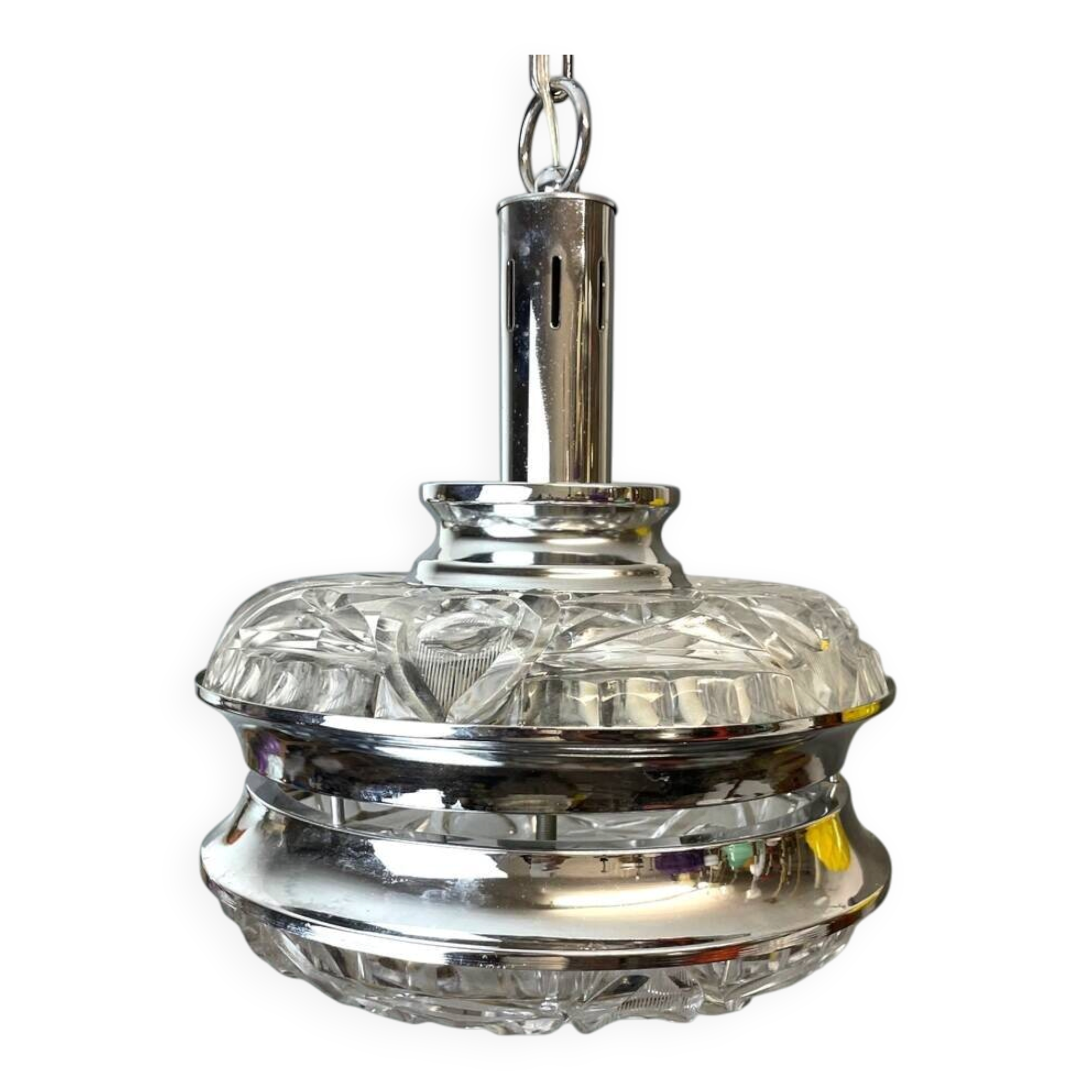 Mid Century Italian Modern glass and chrome hanging lamp