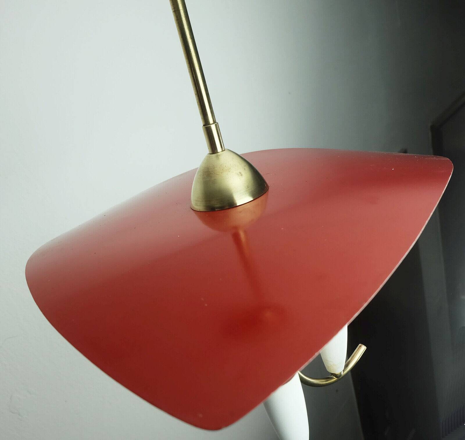 1950s mid century 3-light pendant brass metal plastic stilnovo era