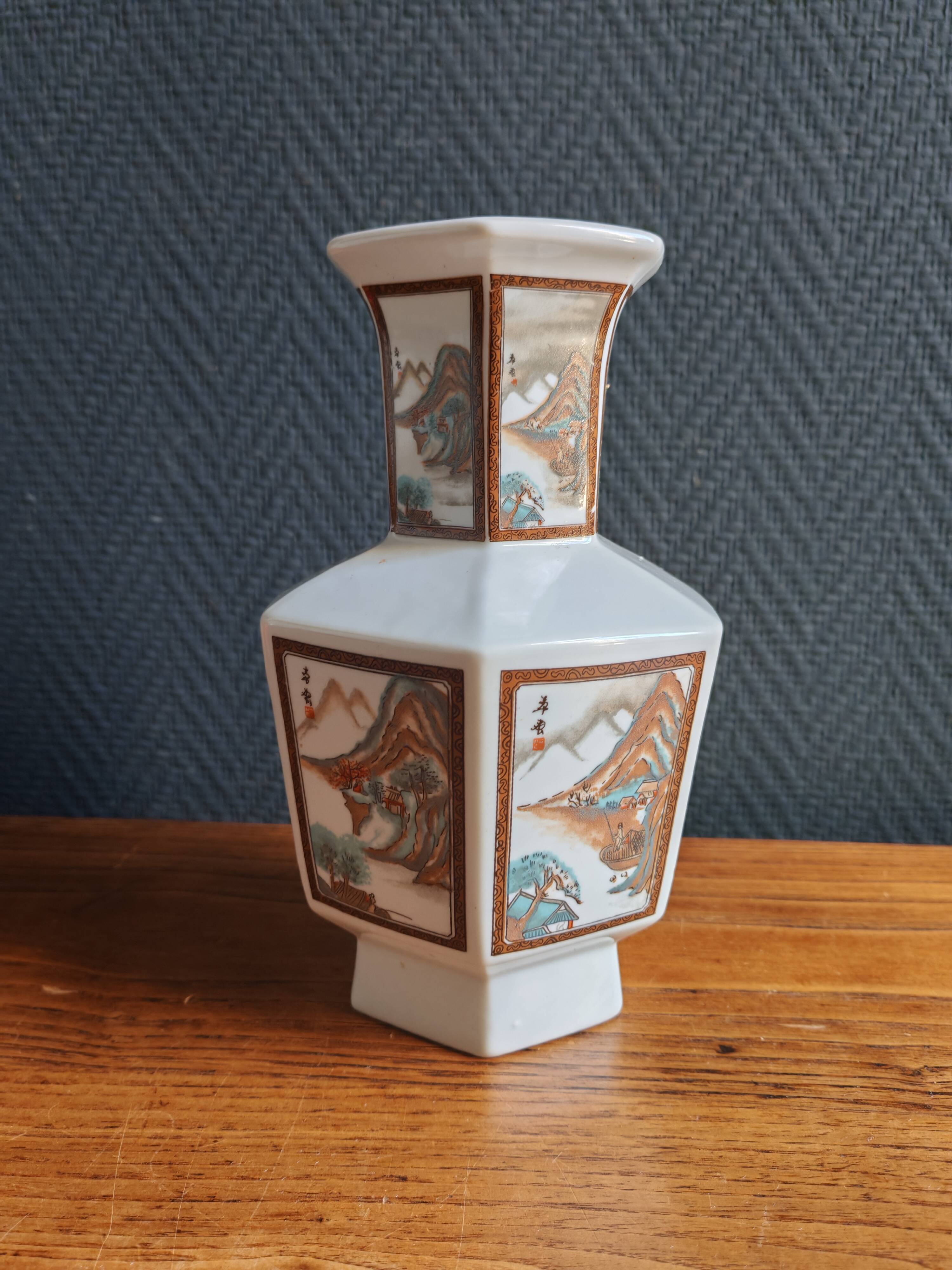 Vintage Hexagonal Japanese Porcelain Vase – Landscape Decoration