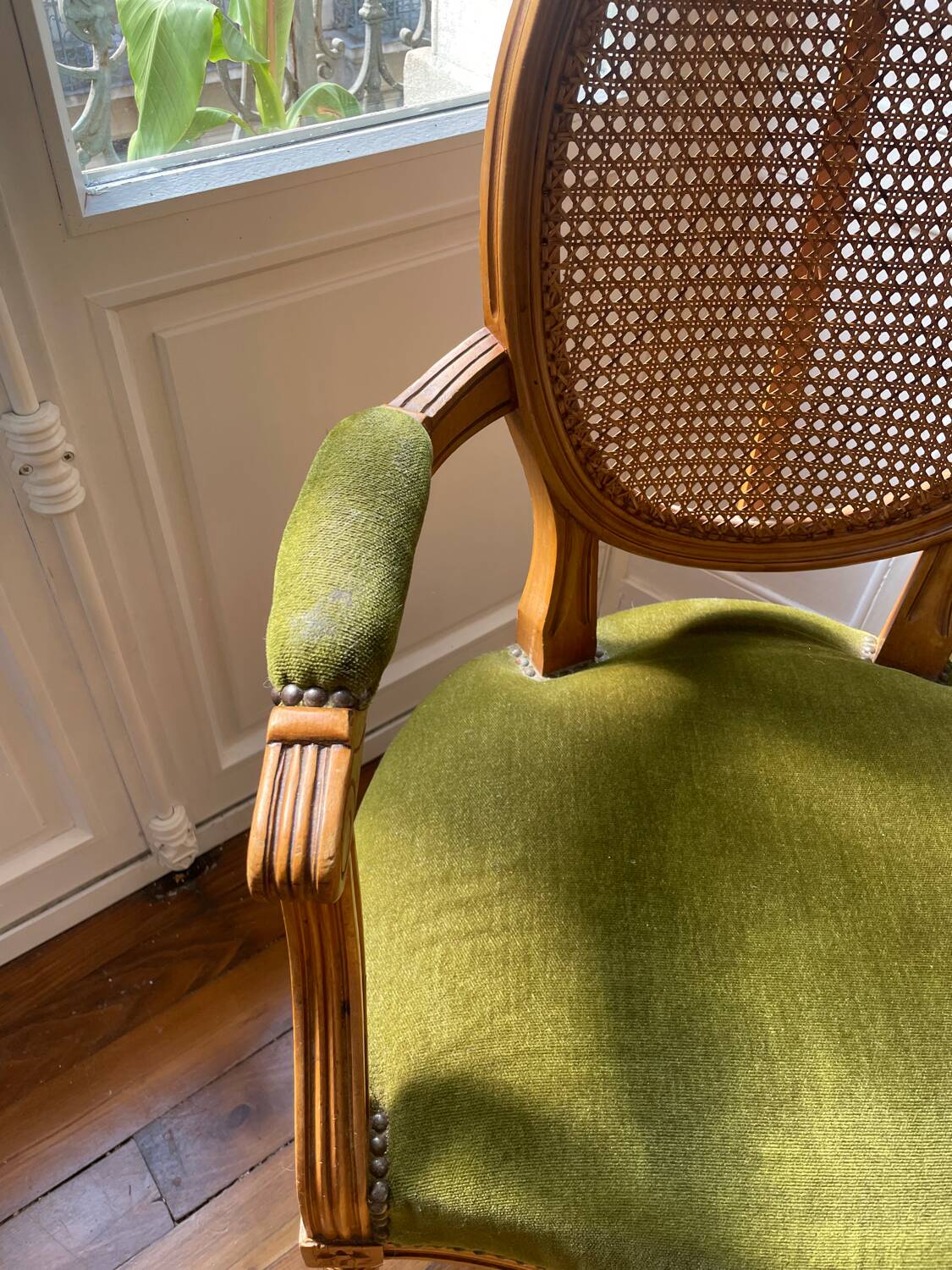 Louis XVI style armchair in velvet and rattan