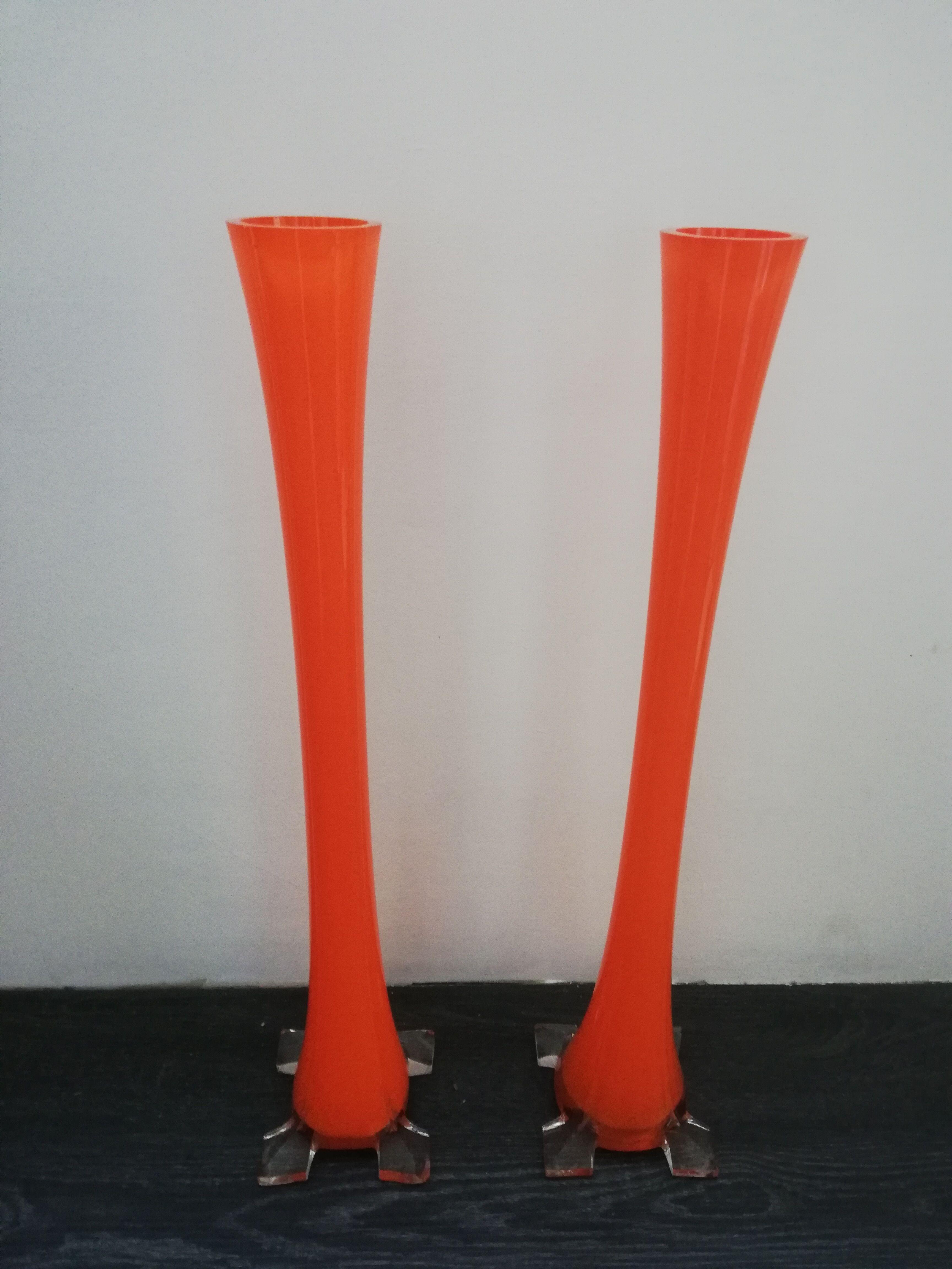 Pair of soliflores vases in orange glass