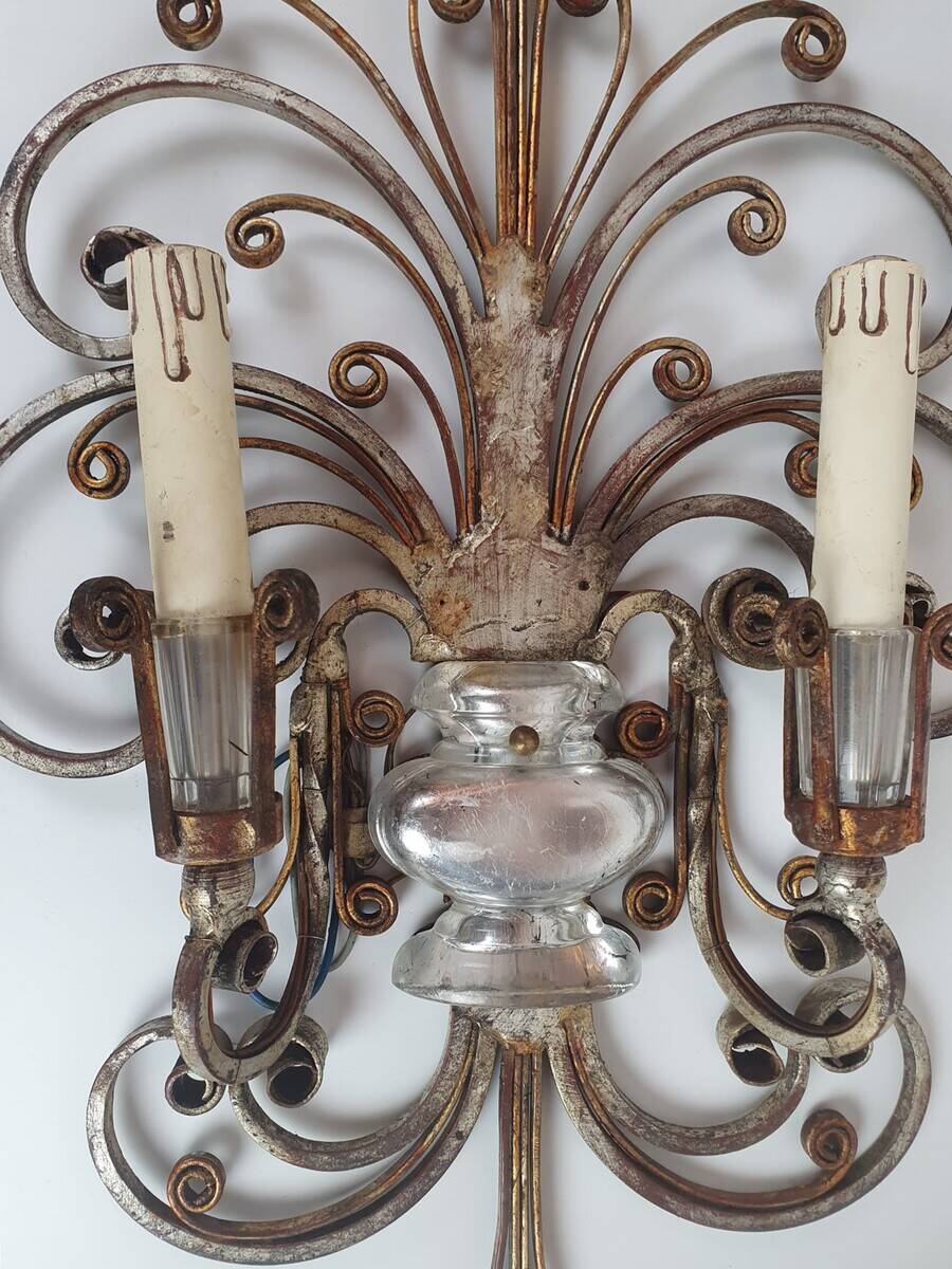 Pair of Silver Wrought Iron And Glass Wall Lights by Banci, Italy, 1940s