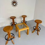 Set of 4 solid elm wood bar stools, vintage 70s design
