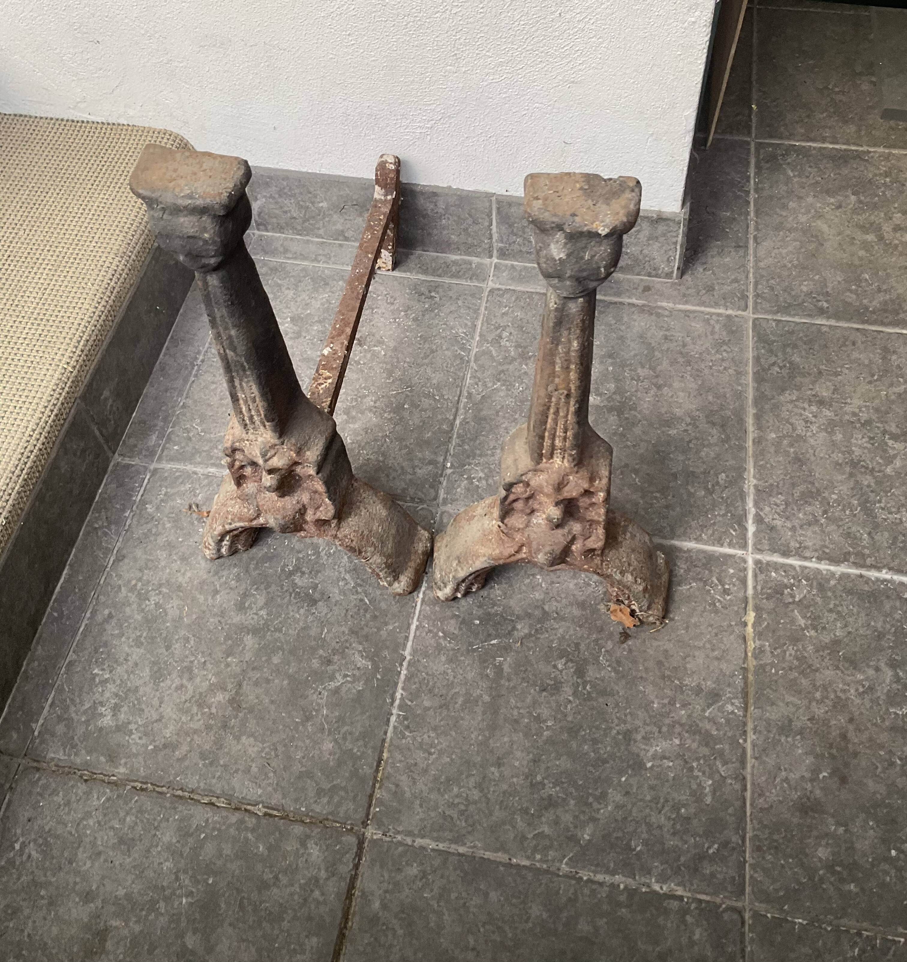 Pair of andirons from the high period with Gothic female heads.