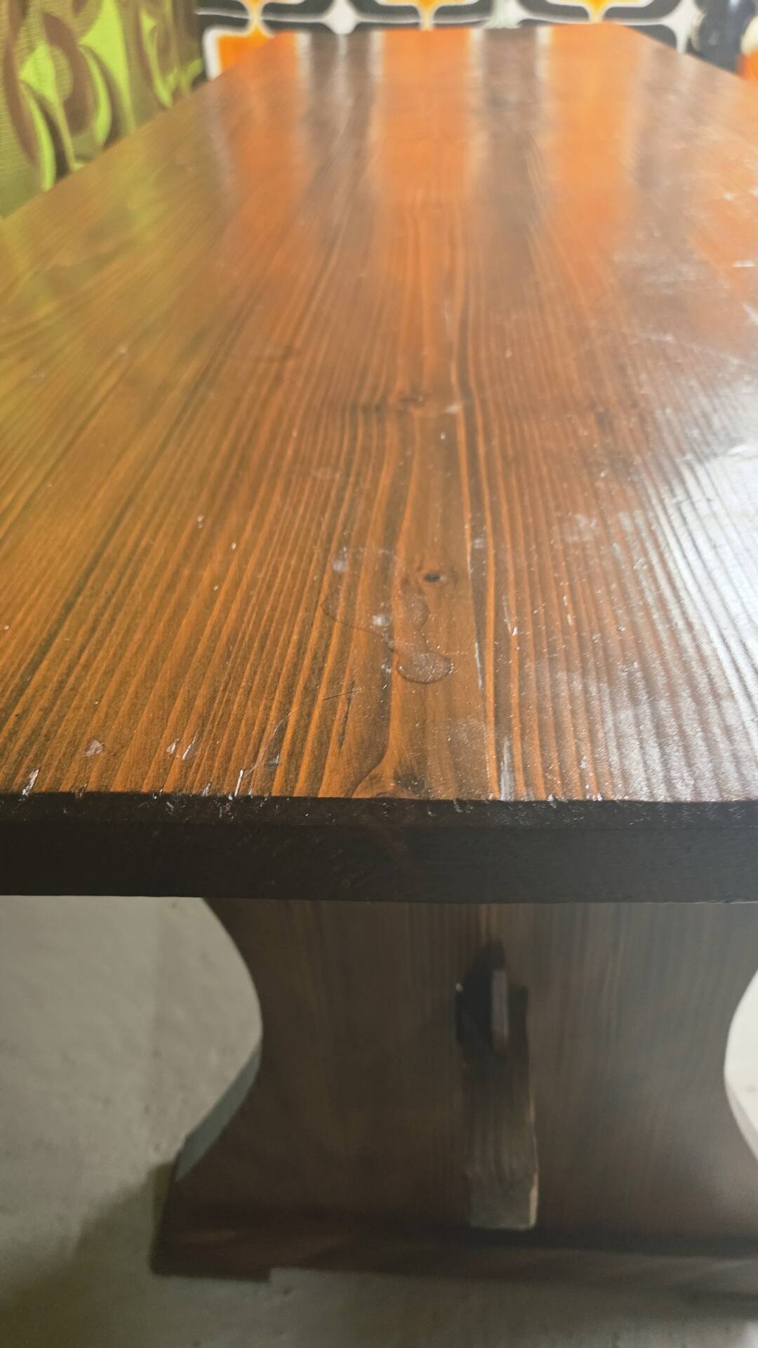 Large vintage table in solid pine, rustic brutalist, 70"