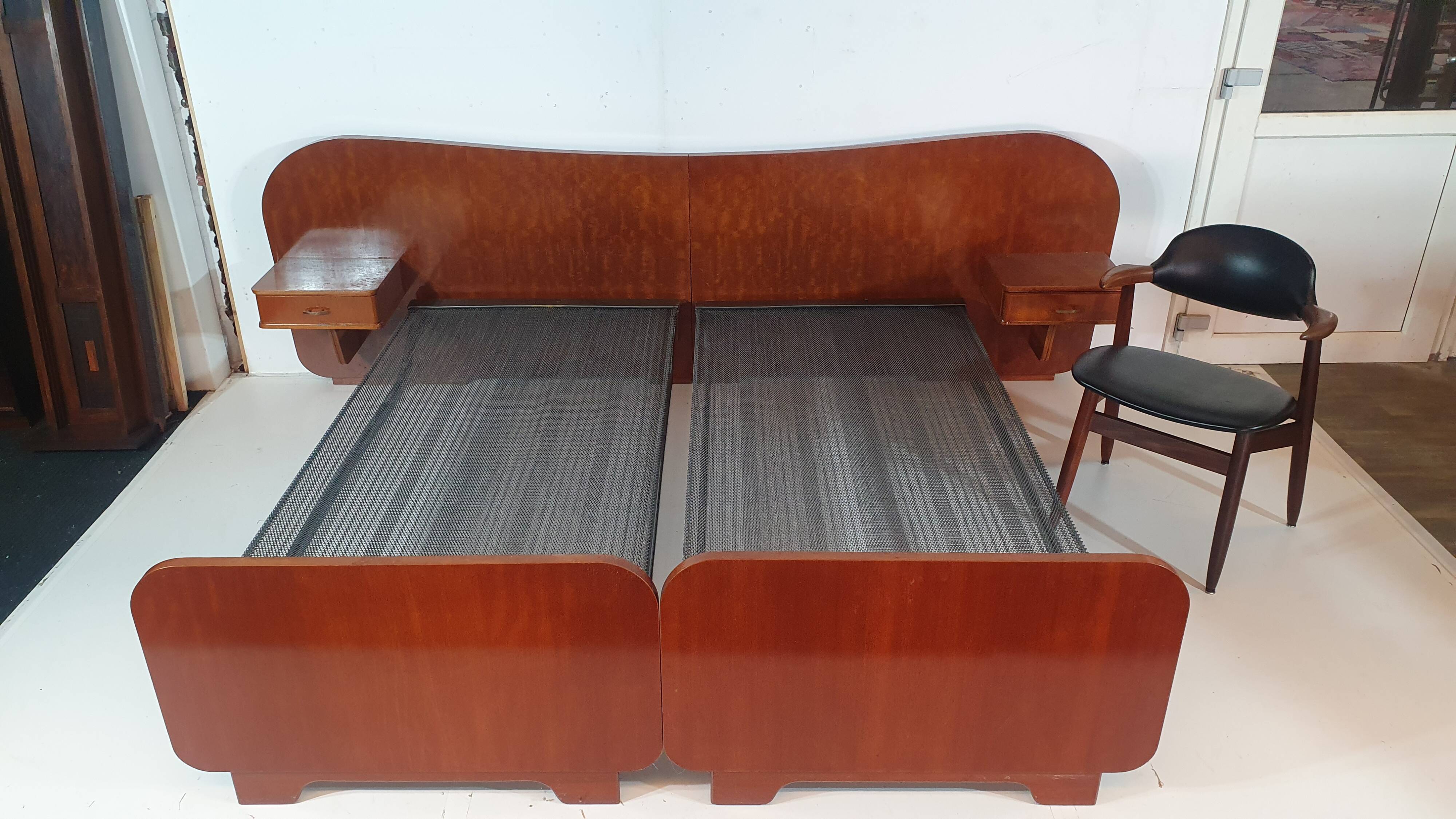Vintage teak and walnut bed with nightstands, 1950s