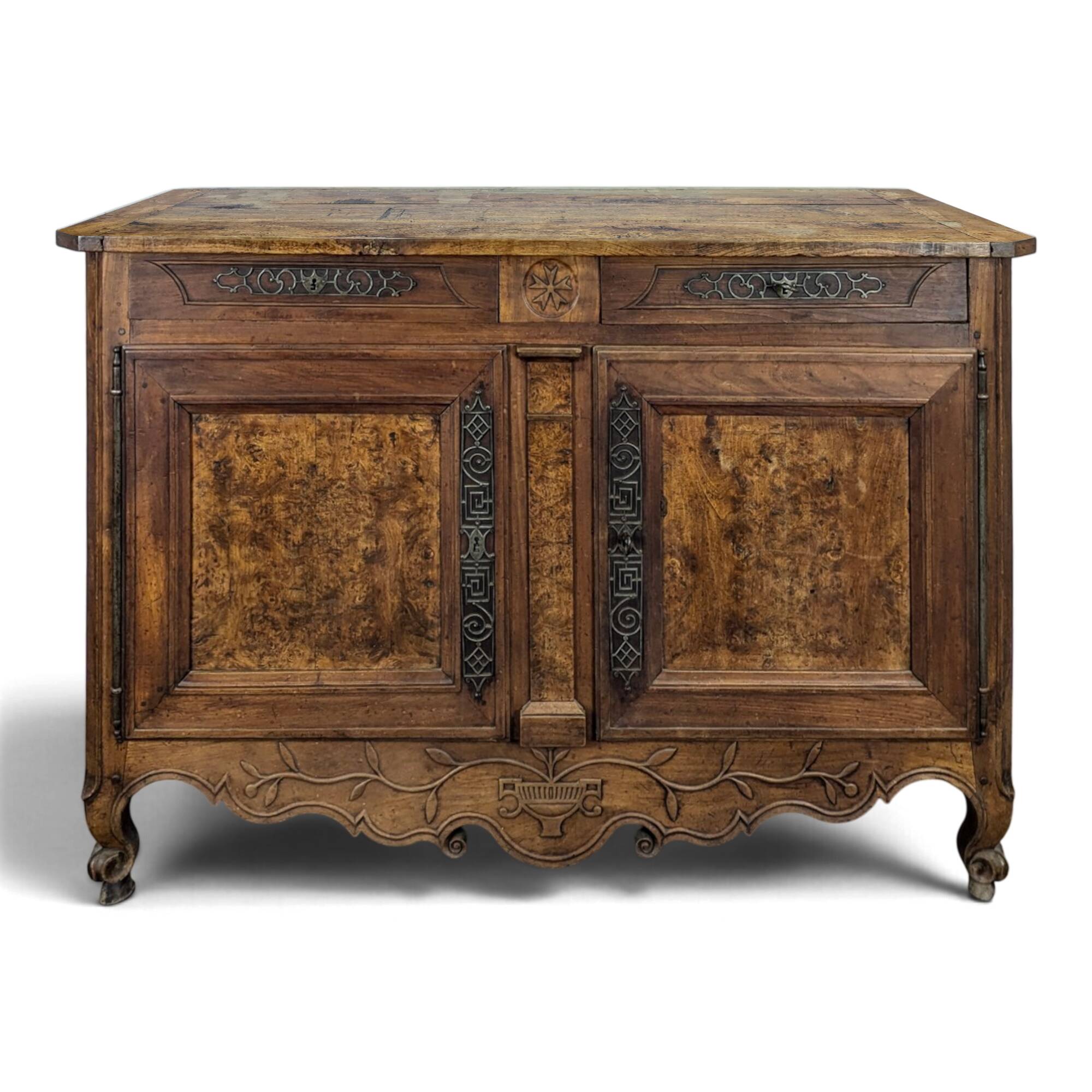 Louis XV-style buffet in walnut and burl with openwork fittings.