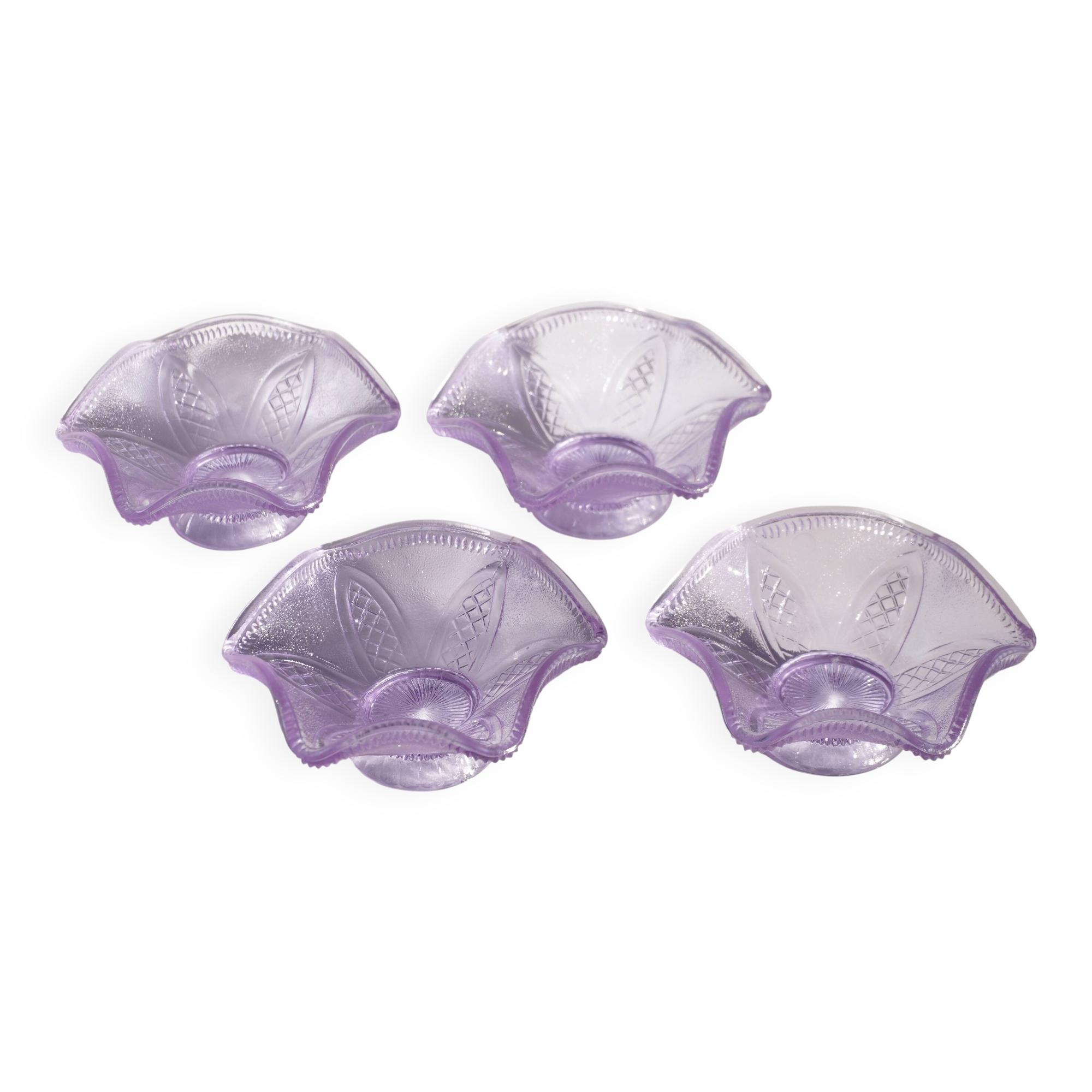 Set of 4 purple moulded glass ice cream bowls.