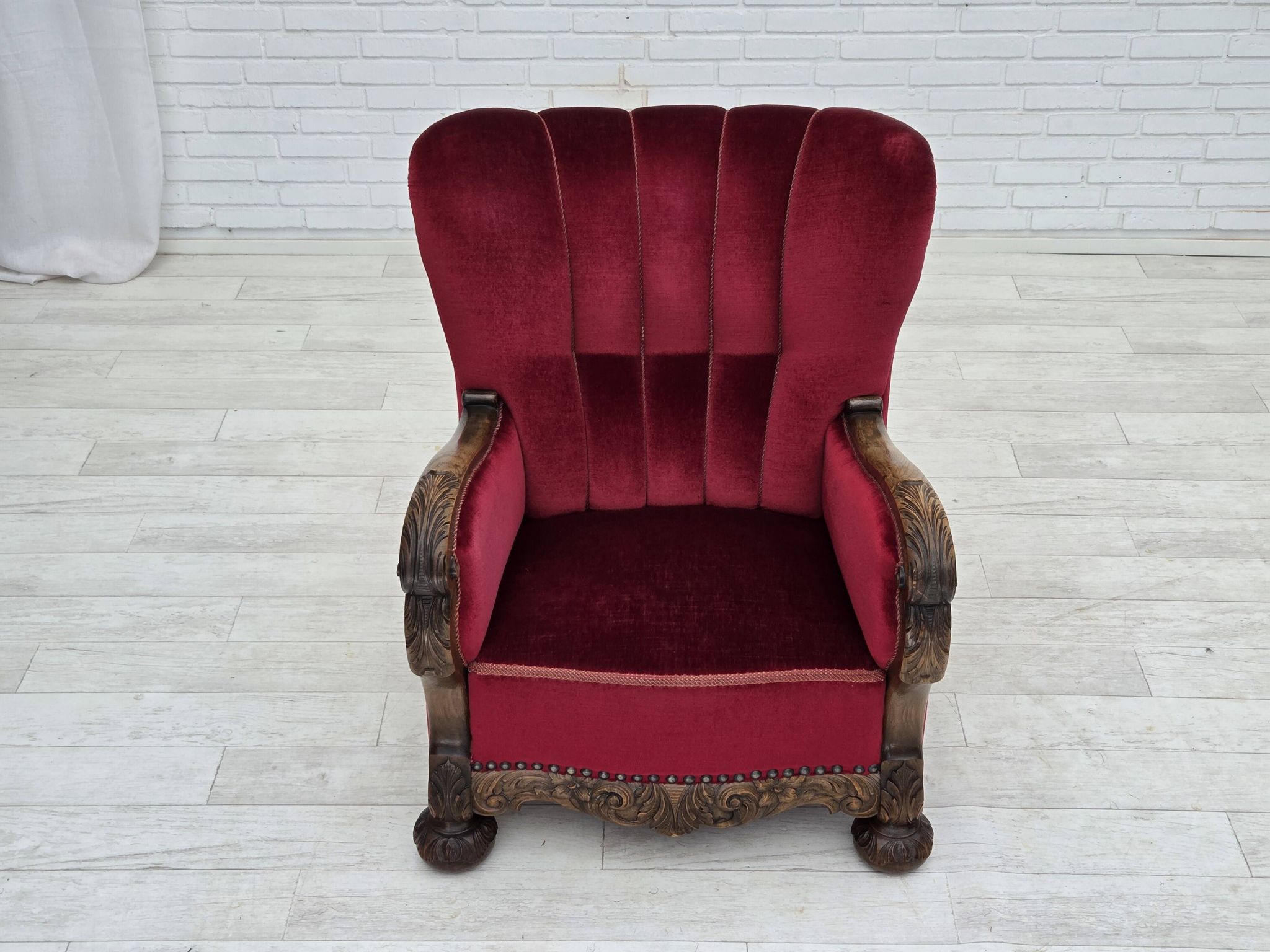 1960s, Danish relax chair, cherry-red furniture velour, oak wood.