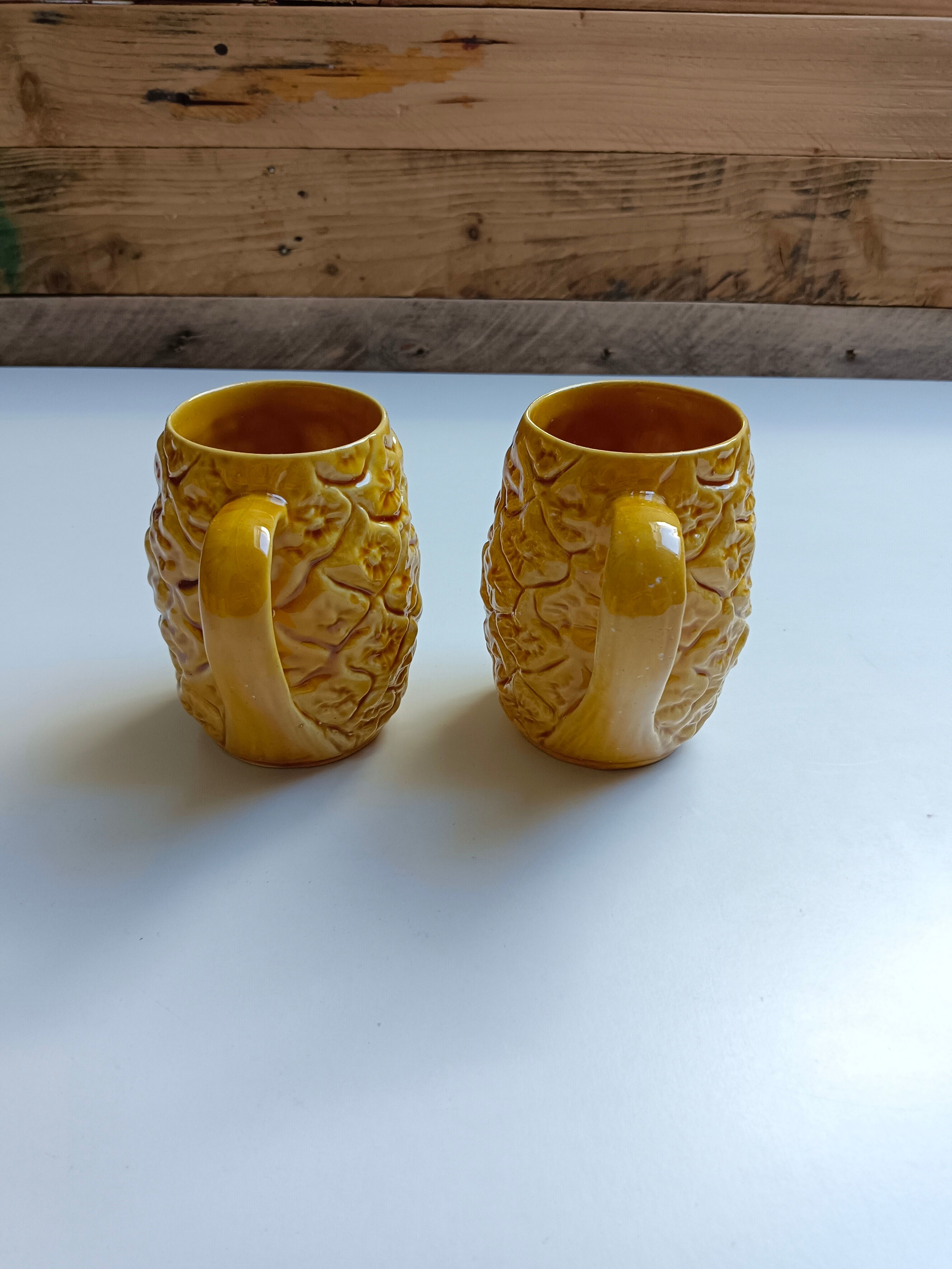 Handmade yellow pineapple mugs signed Kerangol made in Portugal.