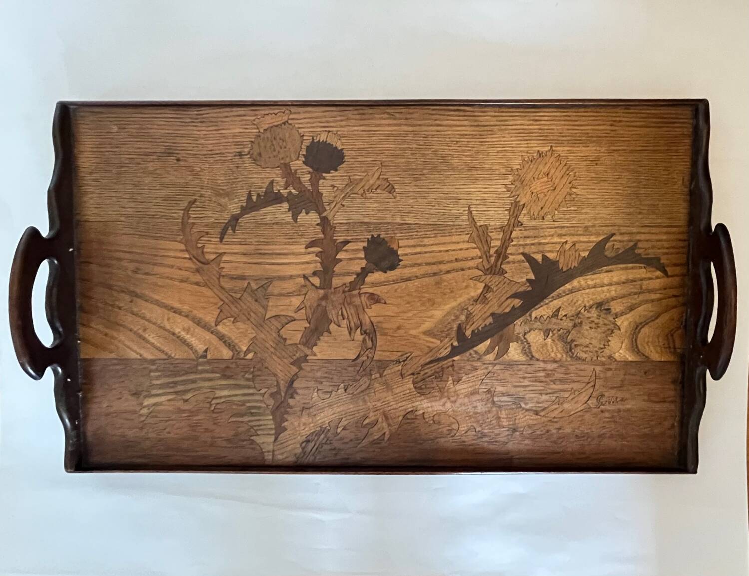 Antique wooden tray with marquetry signed Gallé