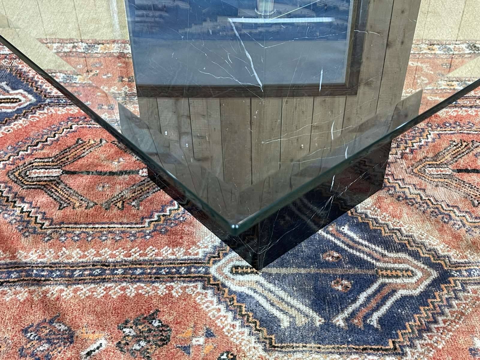 1970s square dining table, marble base and beveled glass top