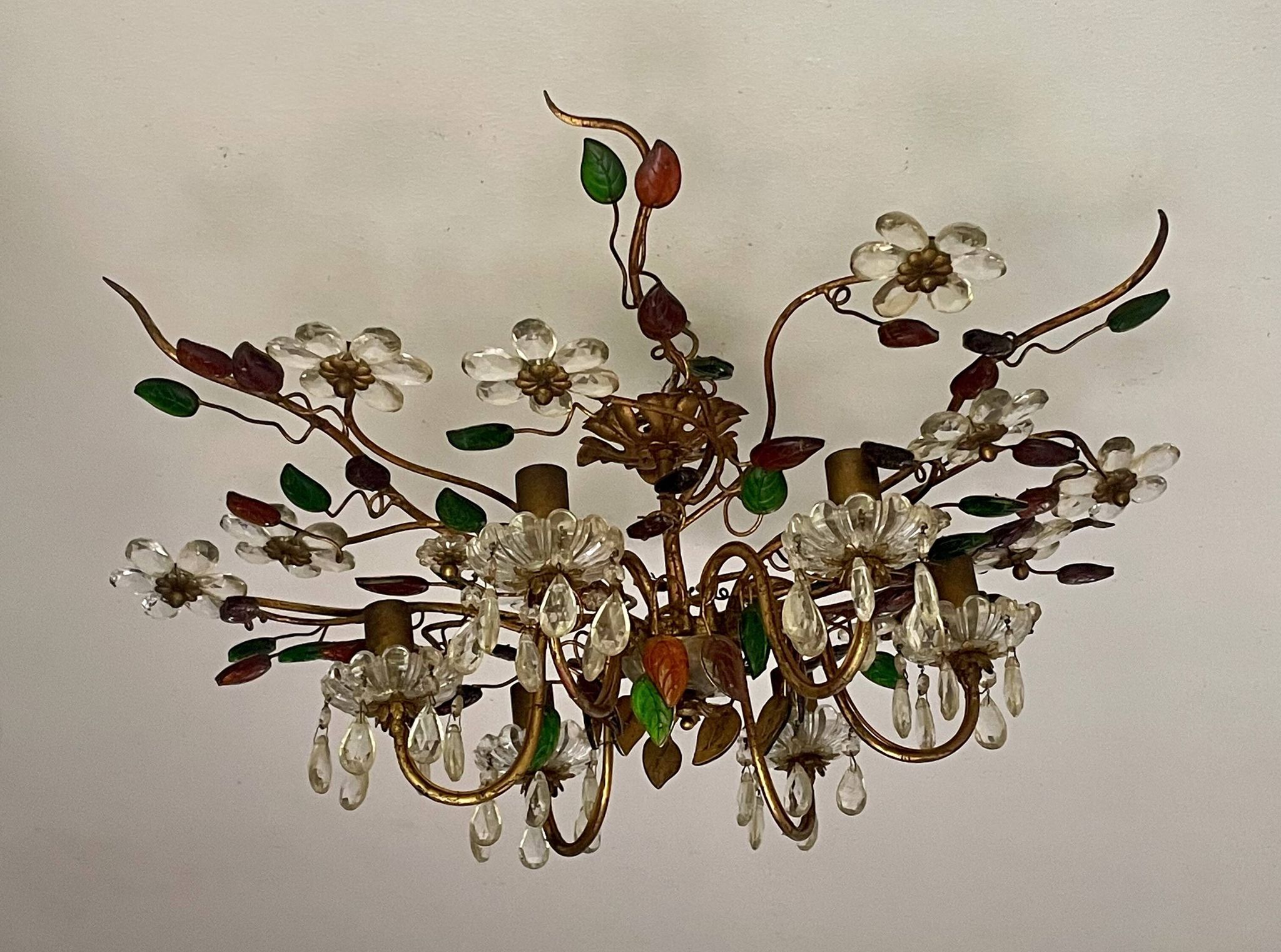 Floral chandelier Banci Firenze with 6 lights, coloured glass and gold metal.