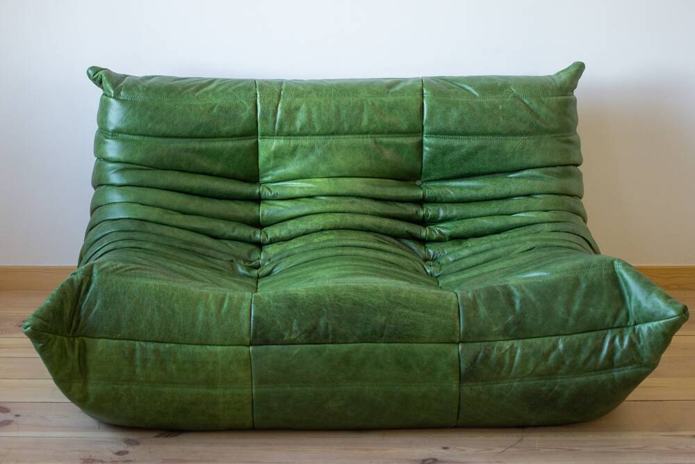 Ensemble de salon Togo en cuir vert, signé Michel Ducaroy pour Ligne Roset, 1979, ensemble de 5 pièces