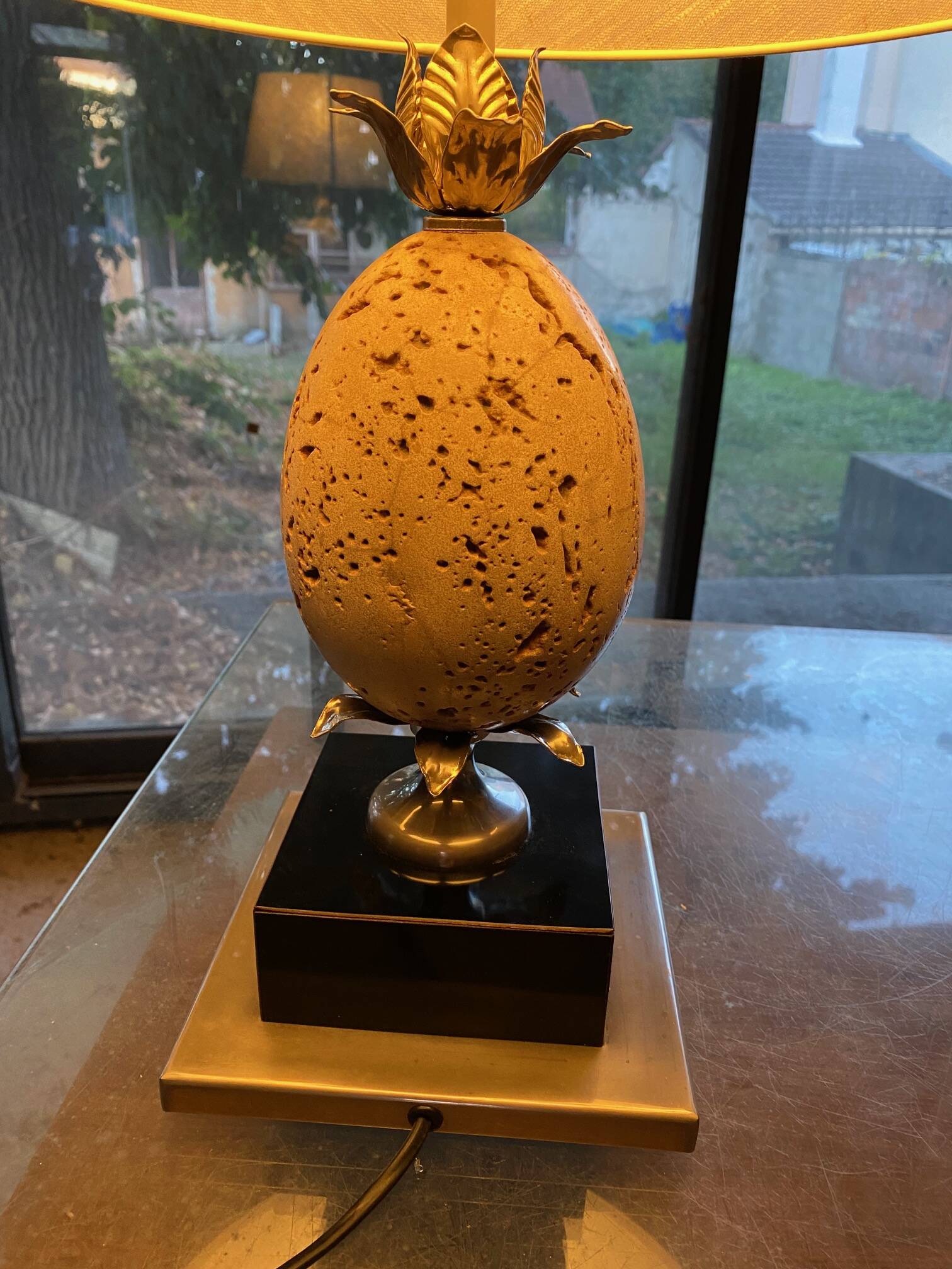 Table lamp or living room travertine and silvered metal Philippe Barbier