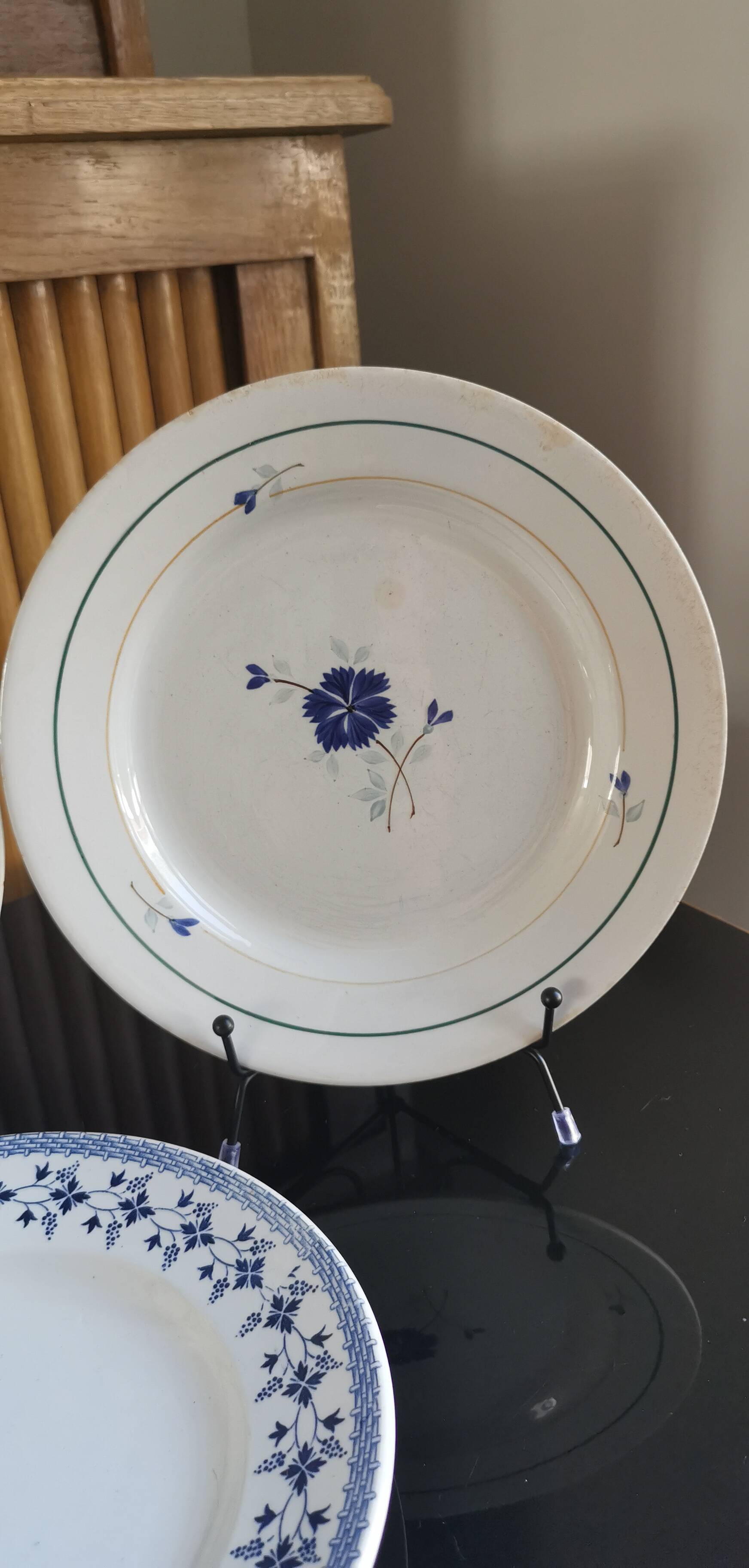 6 assiettes anciennes dépareillées bleues et blanches, St Amand, Moulin des Loups