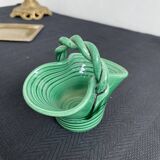 Vintage, woven basket, green, glazed earthenware, grooves, stylized, décor, French decoration, Fran