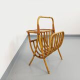 Side table with vintage rattan and wood magazine rack from the 60s