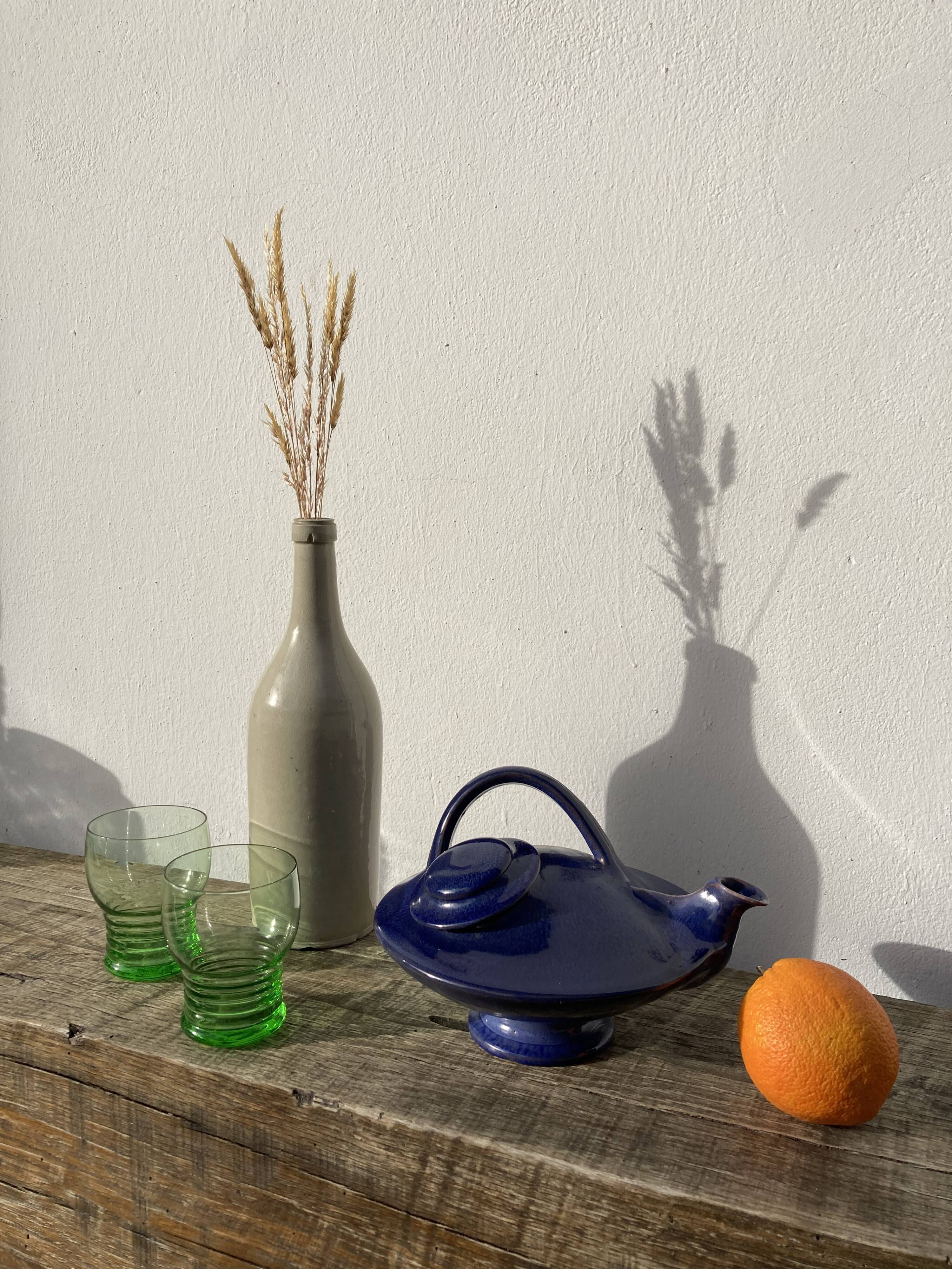 Organic teapot in blue ceramic