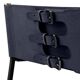 Pair of bar stools with navy blue backrest and metal frame.