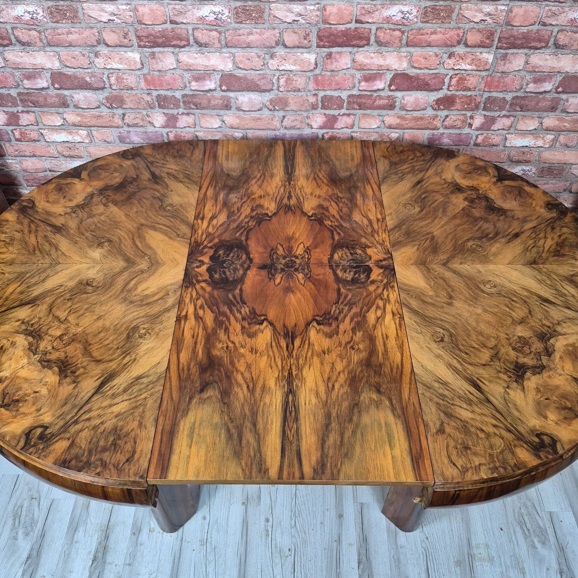 Restored Art Deco Walnut Burl Sunburst Extending Dining Table 1930s