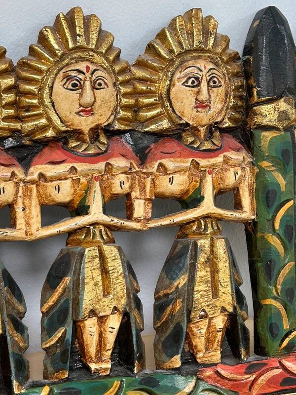 Balinese wall panel carved wood gilded polychrome dragon procession
