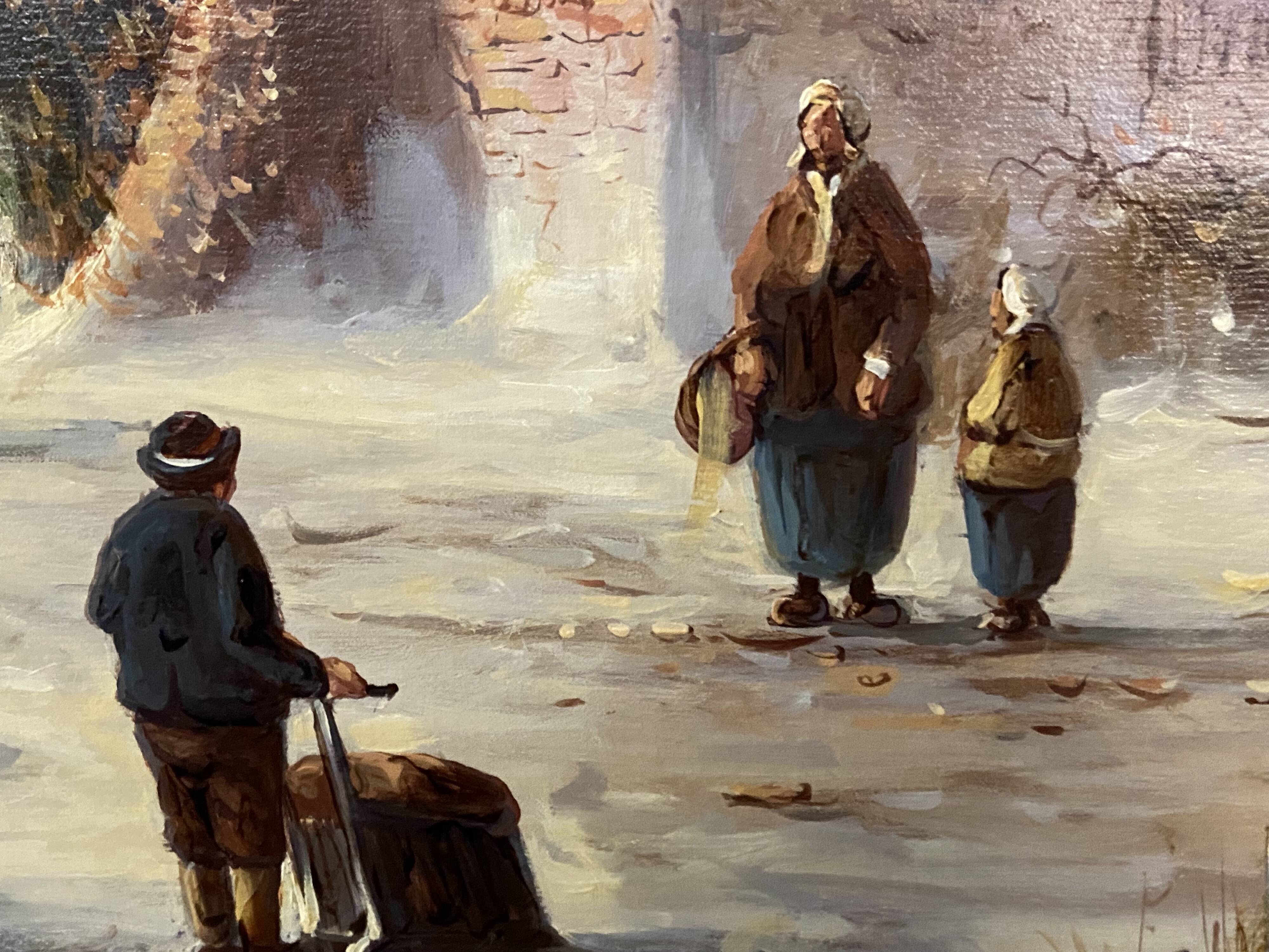Huge oil painting on canvas Dutch school winter landscape 164x132