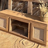 Meuble télé tv ancien en bois brut et cannage