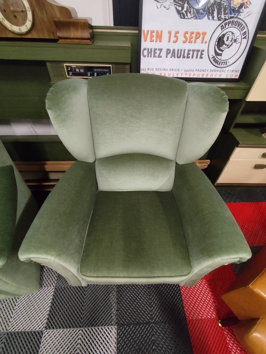 Vintage armchair in light green fabric from the 70s