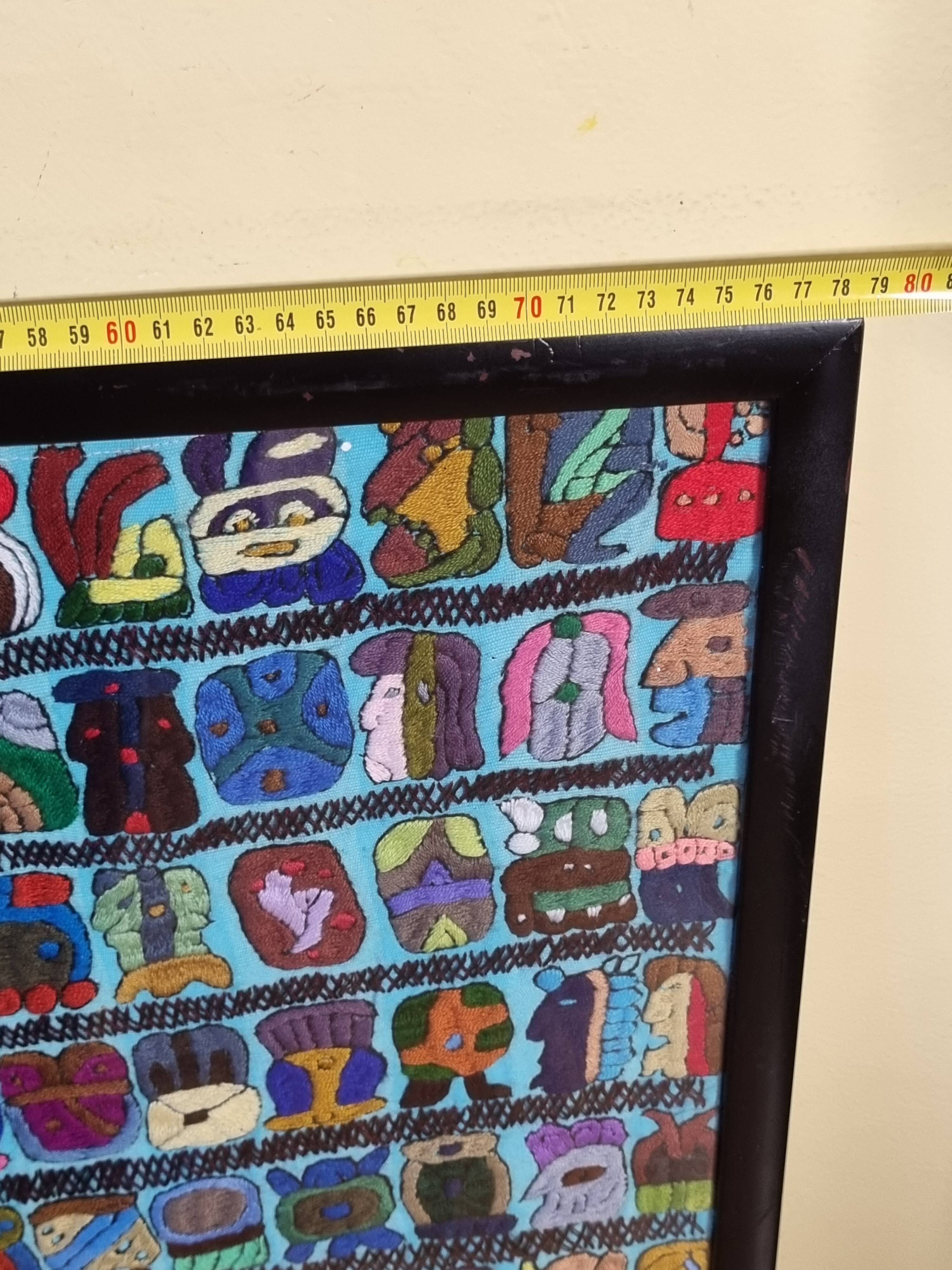 Native American tapestry, embroidered framed, colorful Mayan symbology, 84 cm