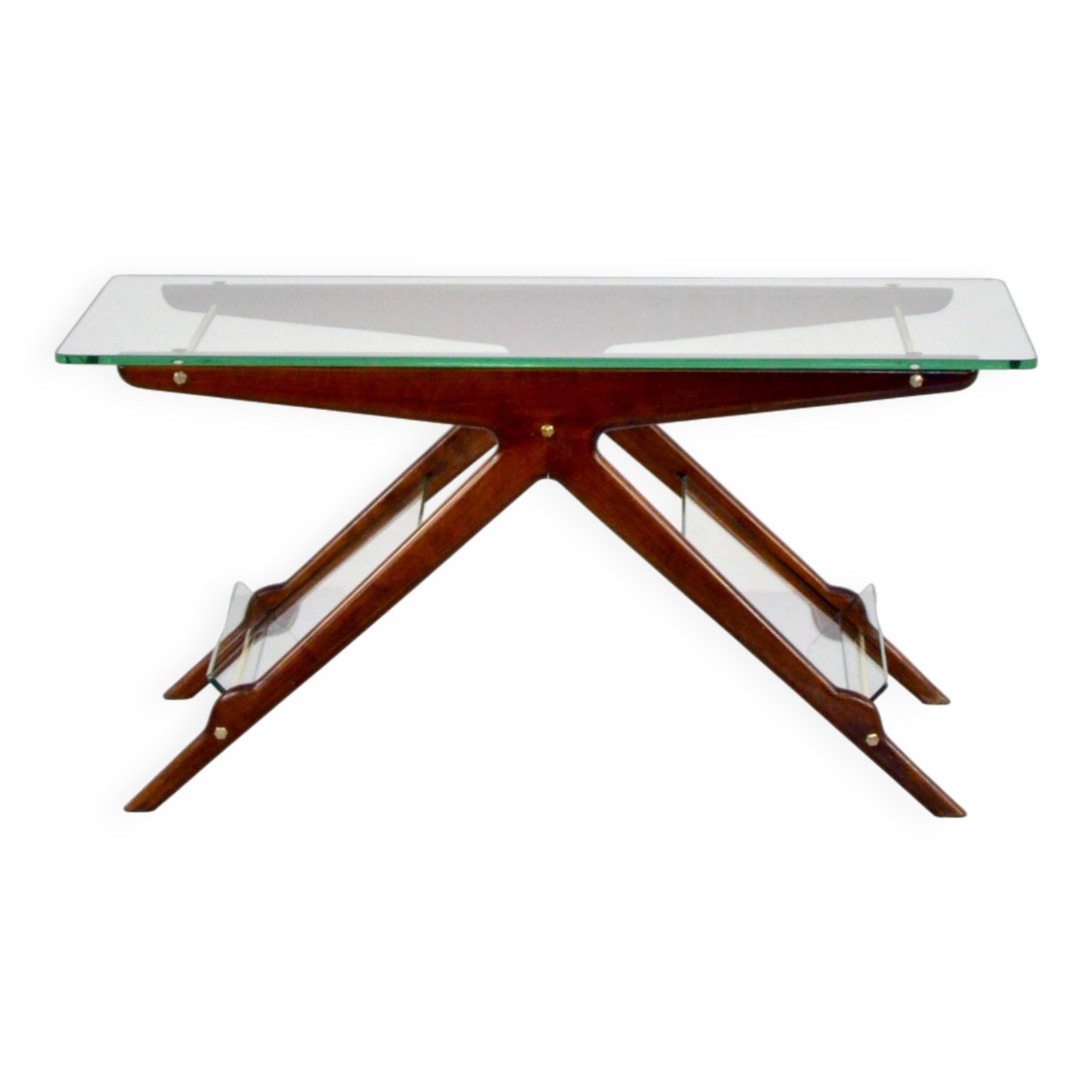 Table basse italienne en acajou, laiton et verre