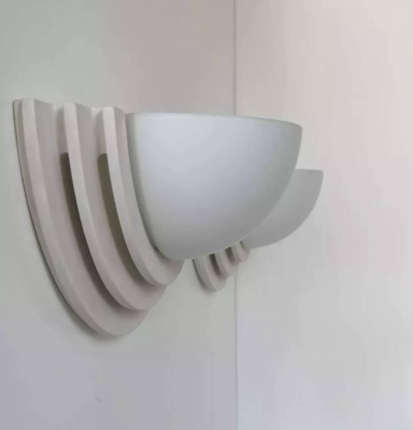 Pair of vintage geometric wall lights, plaster and sandblasted glass, France 1970