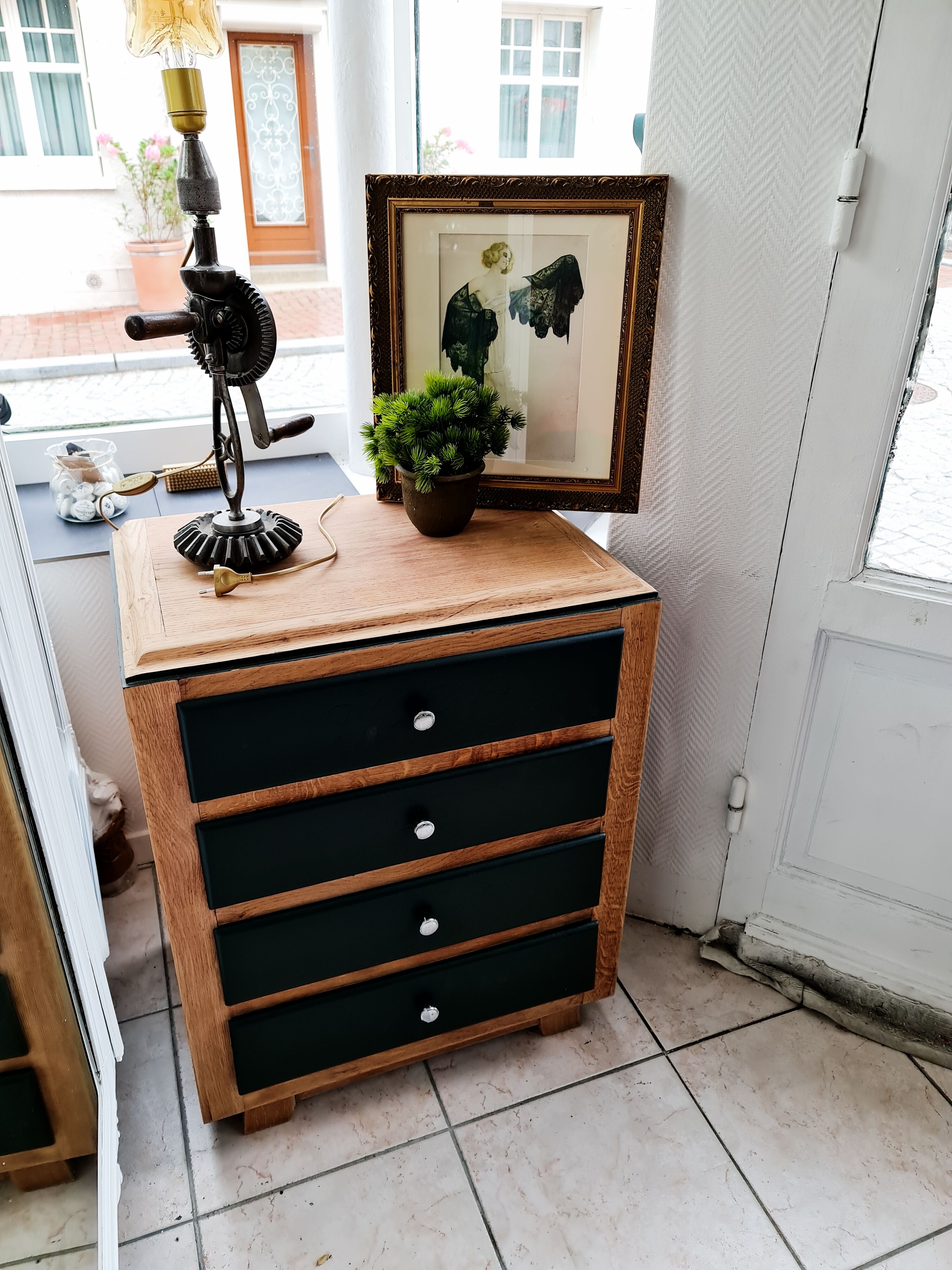 Chest of 4 drawers 40s feet compass raw wood and darjeling color