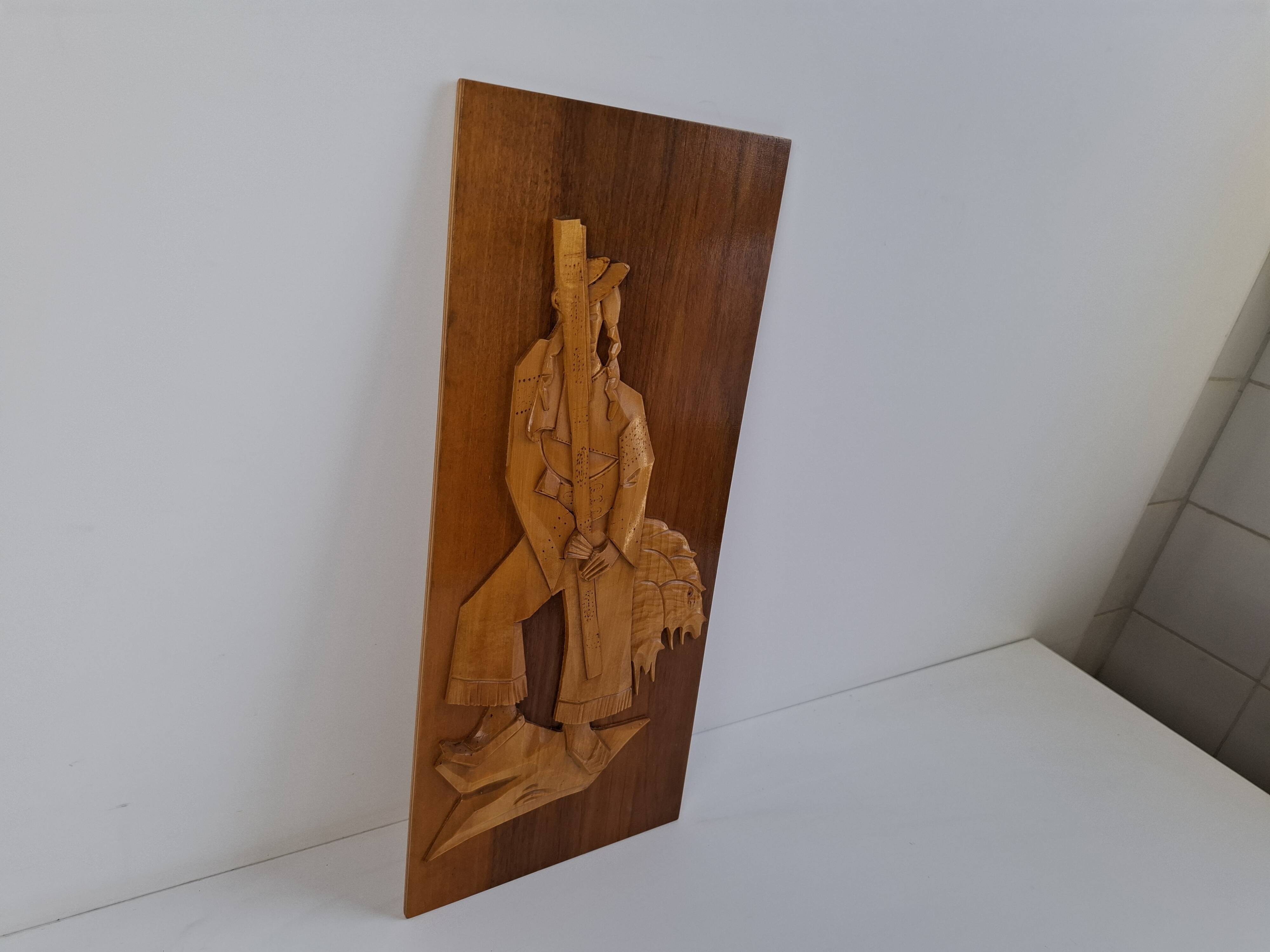 Mid-century Czech hand-carved wooden shepherd wall relief, 1960.